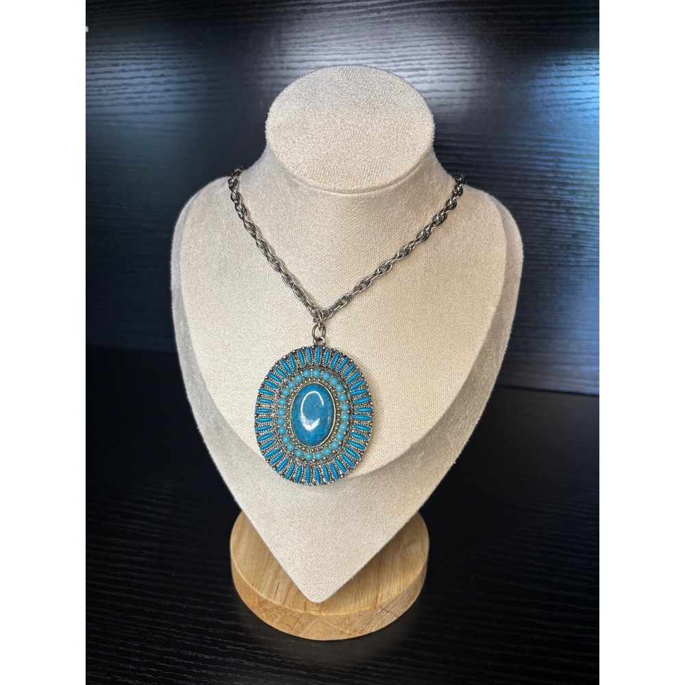 Vintage Turquoise Sunburst Statement Necklace Silver Tone Boho Southwestern 24in